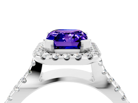 White gold Emerald Cut Tanzanite Halo Ring with Split Shank Pavé Band and Prong Setting_4