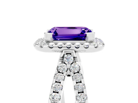 White gold Emerald Cut Tanzanite Halo Ring with Split Shank Pavé Band and Prong Setting_5