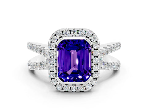 White gold Emerald Cut Tanzanite Halo Ring with Split Shank Pavé Band and Prong Setting