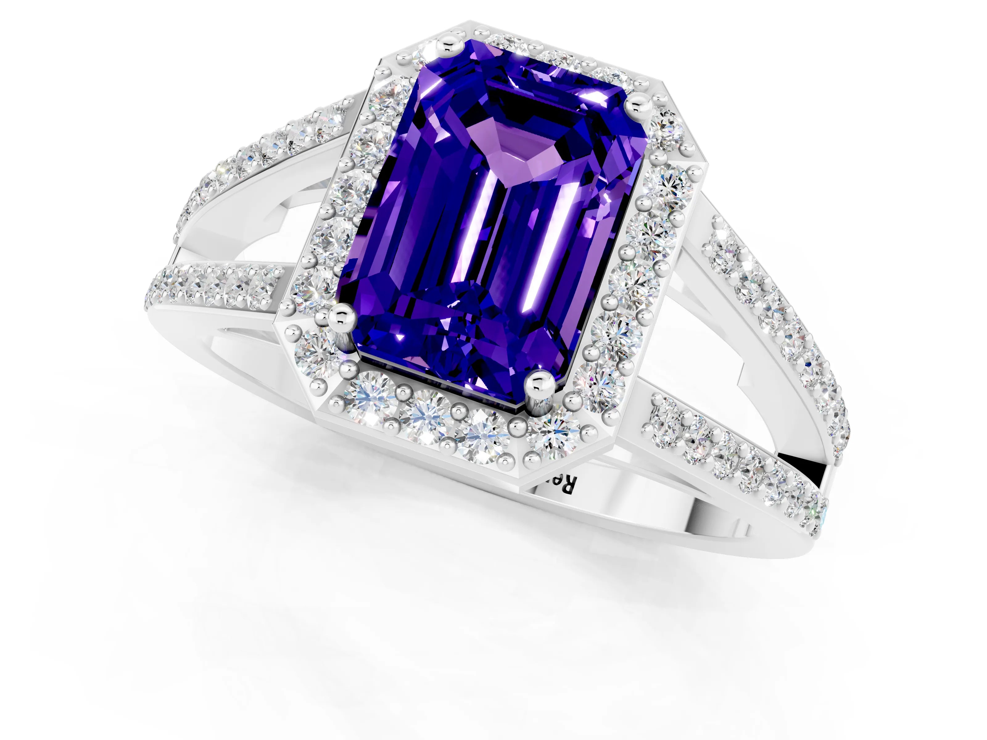 White gold Emerald Cut Tanzanite Halo Ring with Split Shank U-Prong Band and Four-Prong Setting_1