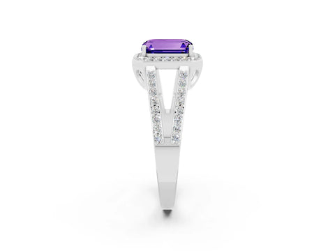 White gold Emerald Cut Tanzanite Halo Ring with Split Shank U-Prong Band and Four-Prong Setting_2