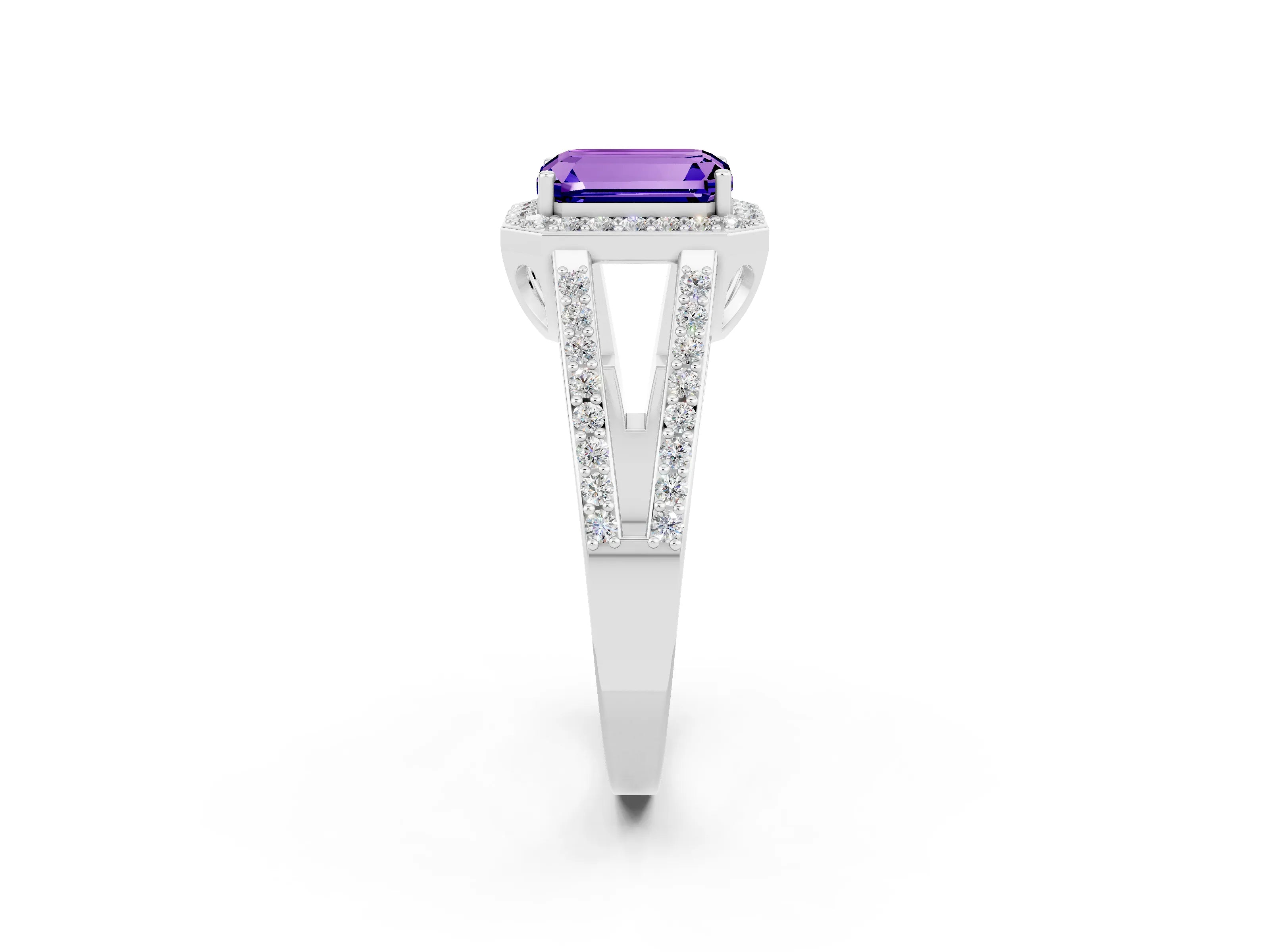 White gold Emerald Cut Tanzanite Halo Ring with Split Shank U-Prong Band and Four-Prong Setting_2