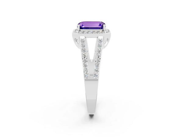 Silver Emerald Cut Tanzanite Halo Ring with Split Shank U-Prong Band and Four-Prong Setting
