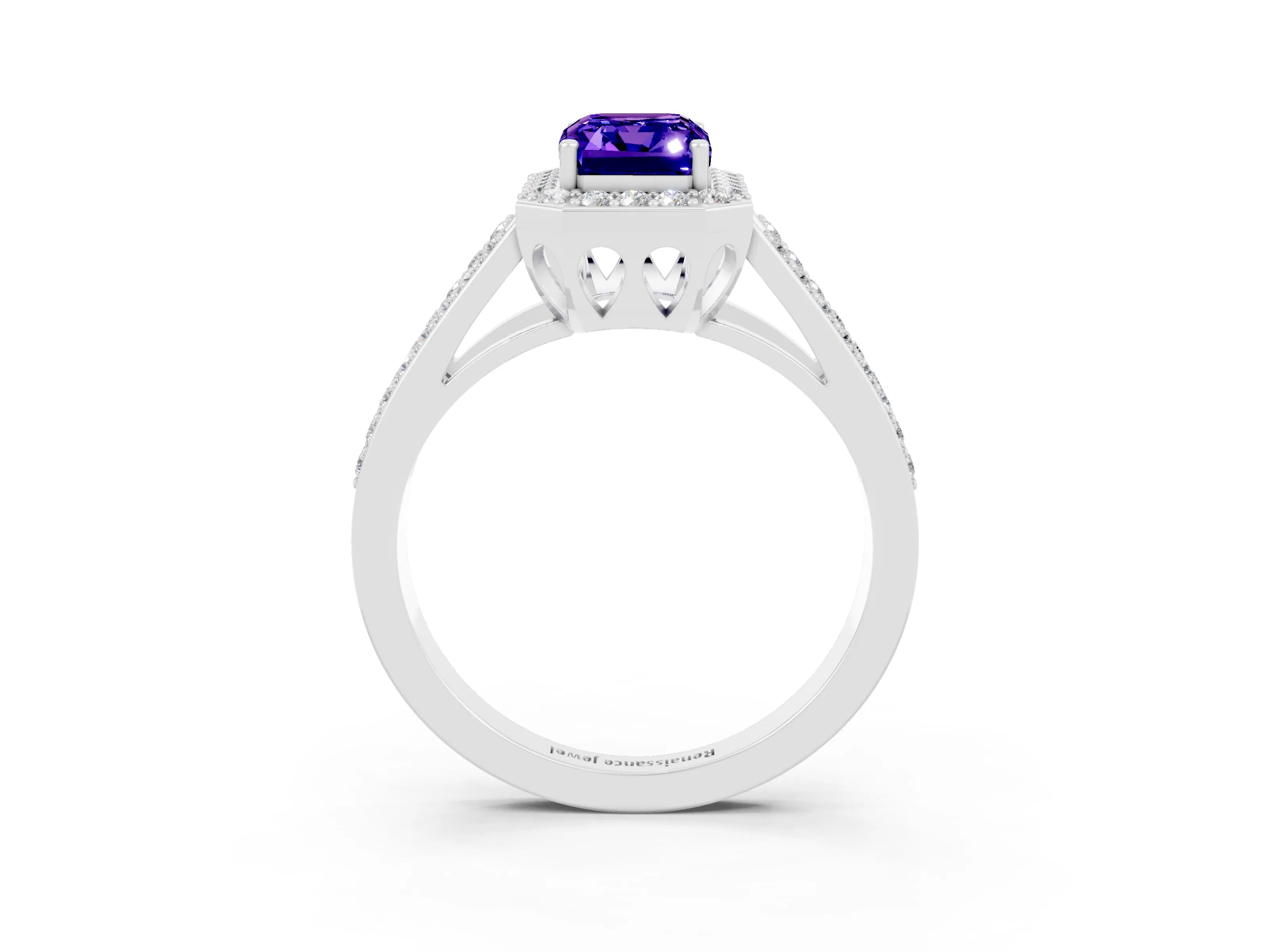 White gold Emerald Cut Tanzanite Halo Ring with Split Shank U-Prong Band and Four-Prong Setting_3