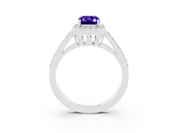 Silver Emerald Cut Tanzanite Halo Ring with Split Shank U-Prong Band and Four-Prong Setting