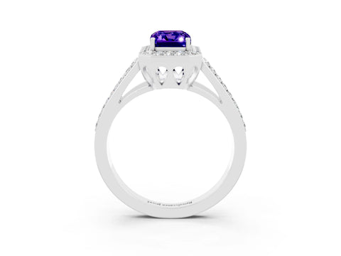 White gold Emerald Cut Tanzanite Halo Ring with Split Shank U-Prong Band and Four-Prong Setting_3