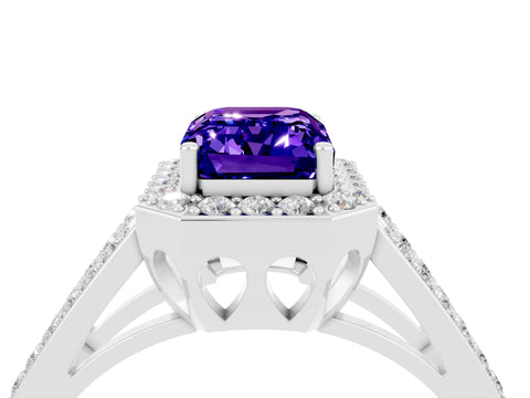 White gold Emerald Cut Tanzanite Halo Ring with Split Shank U-Prong Band and Four-Prong Setting_4
