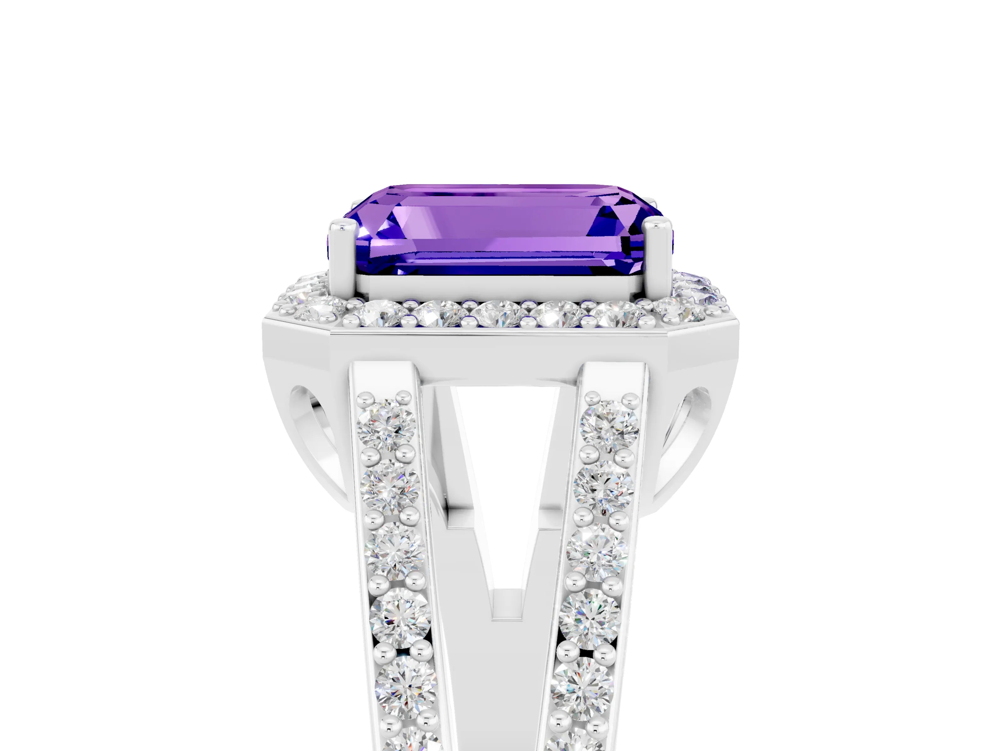 White gold Emerald Cut Tanzanite Halo Ring with Split Shank U-Prong Band and Four-Prong Setting_5