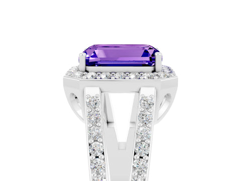 White gold Emerald Cut Tanzanite Halo Ring with Split Shank U-Prong Band and Four-Prong Setting_5