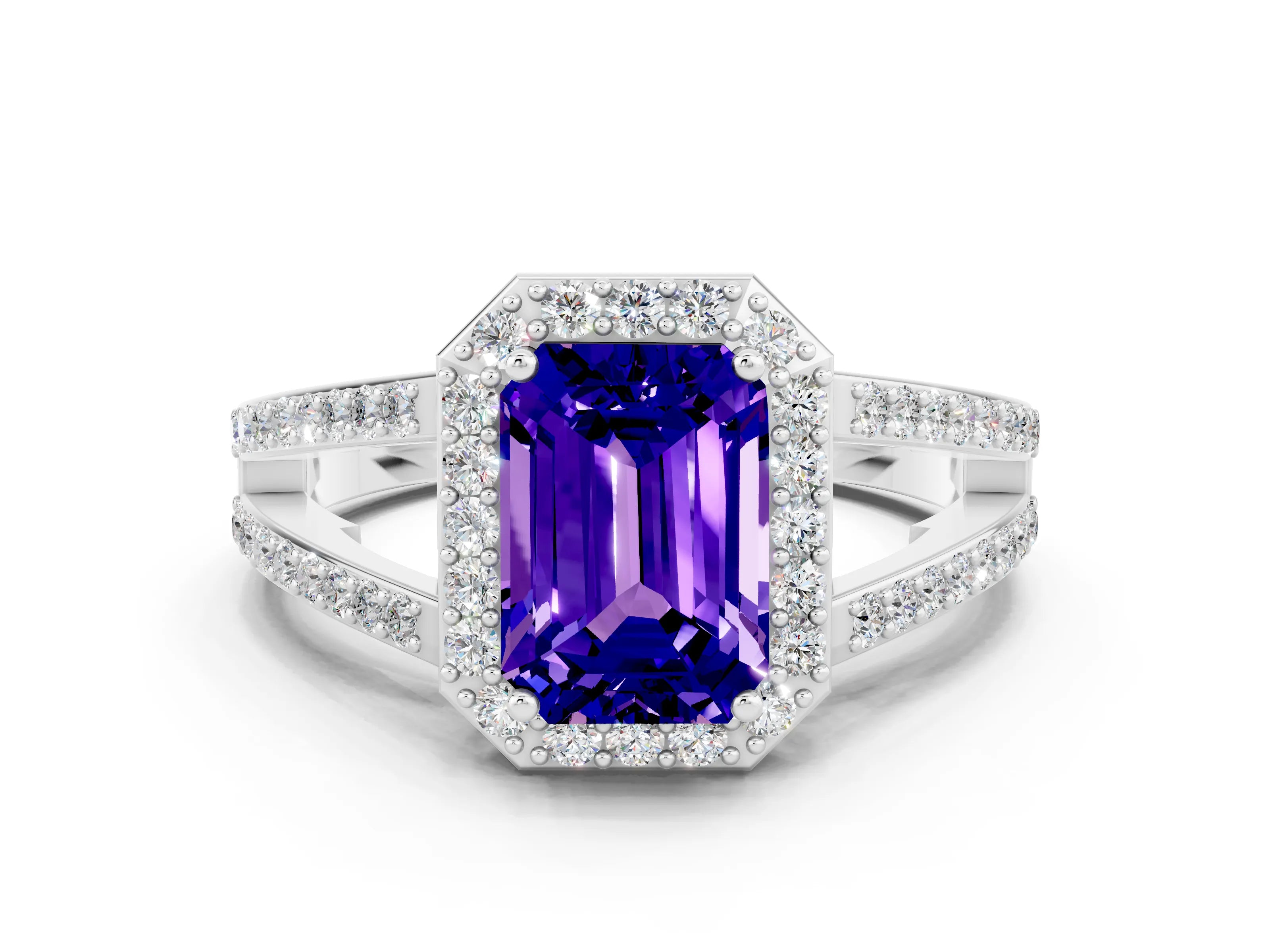 White gold Emerald Cut Tanzanite Halo Ring with Split Shank U-Prong Band and Four-Prong Setting