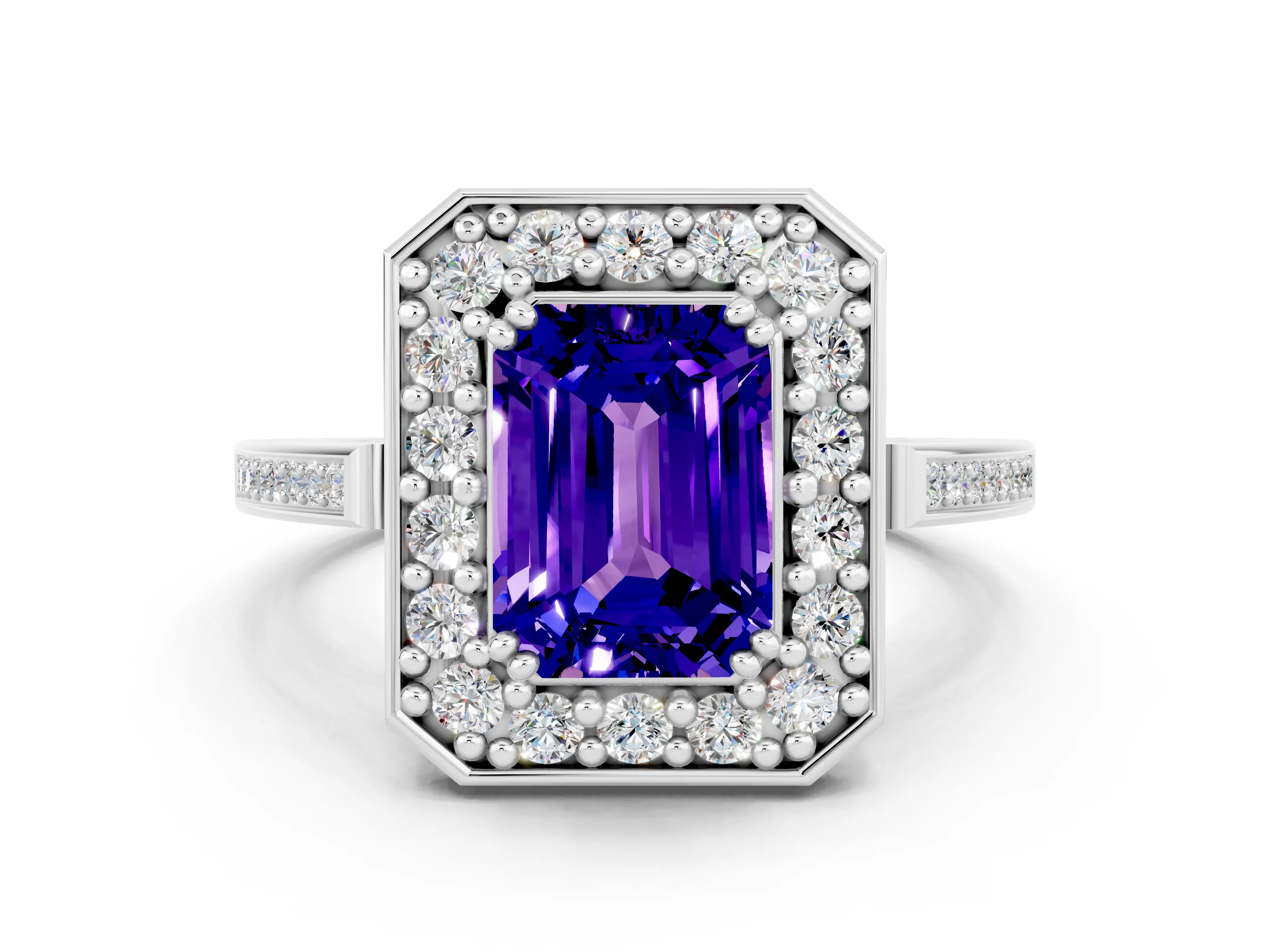 White gold Emerald Cut Tanzanite Halo Ring with Split Shank and Four-Prong Setting