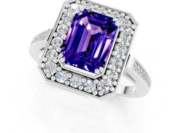 Platinum Emerald Cut Tanzanite Halo Ring with Split Shank and Four-Prong Setting