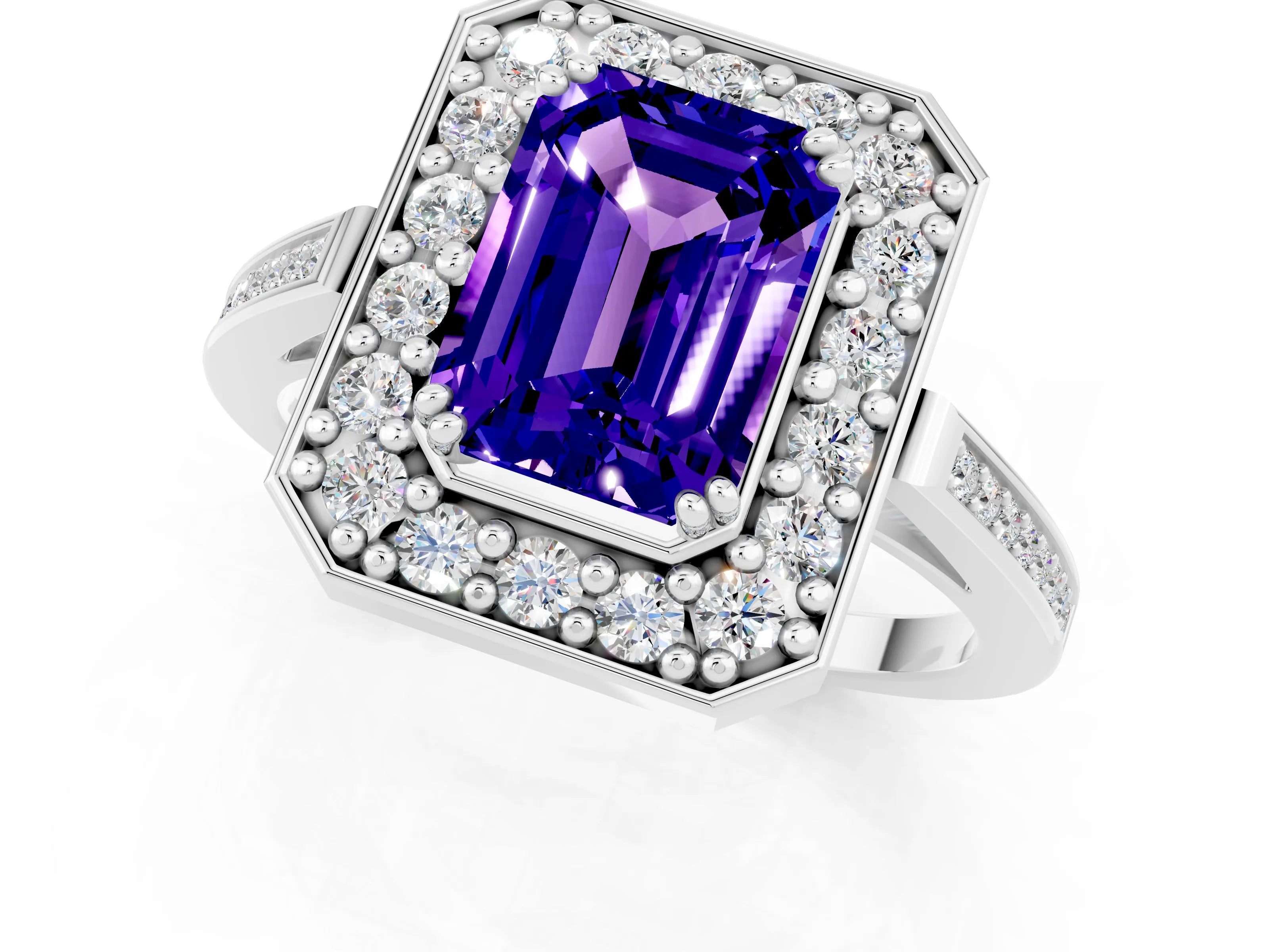 White gold Emerald Cut Tanzanite Halo Ring with Split Shank and Four-Prong Setting_1