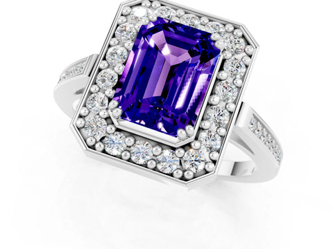 White gold Emerald Cut Tanzanite Halo Ring with Split Shank and Four-Prong Setting_1