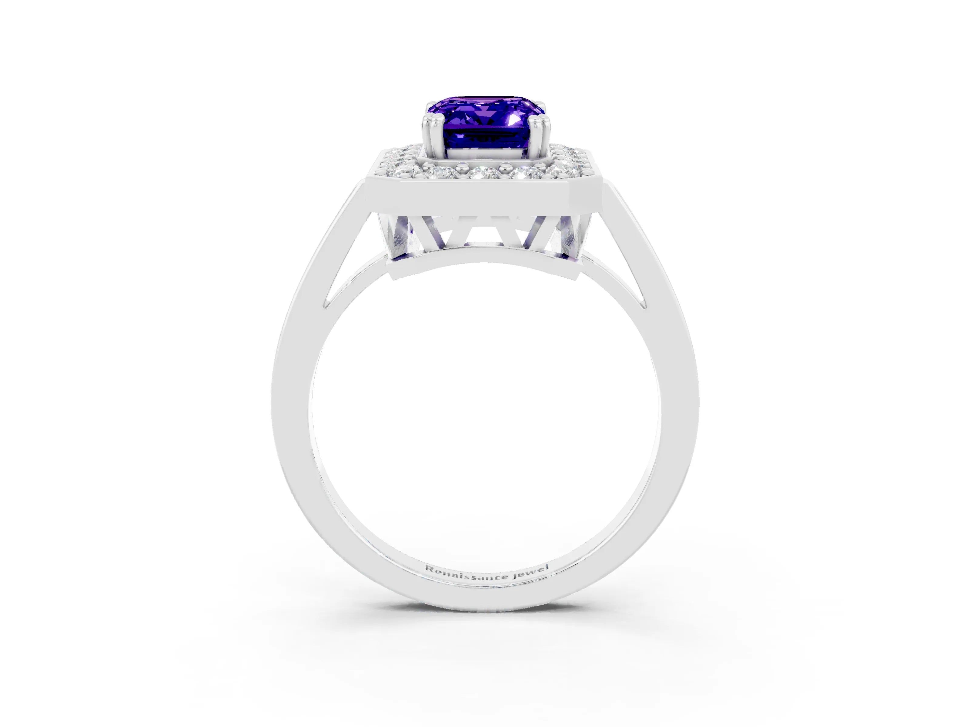 White gold Emerald Cut Tanzanite Halo Ring with Split Shank and Four-Prong Setting_3