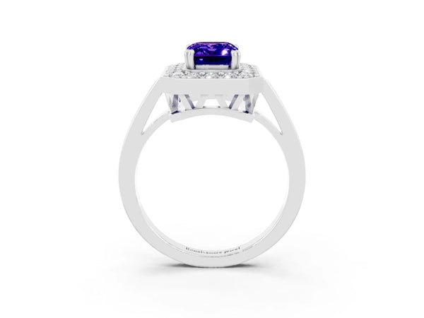 Silver Emerald Cut Tanzanite Halo Ring with Split Shank and Four-Prong Setting