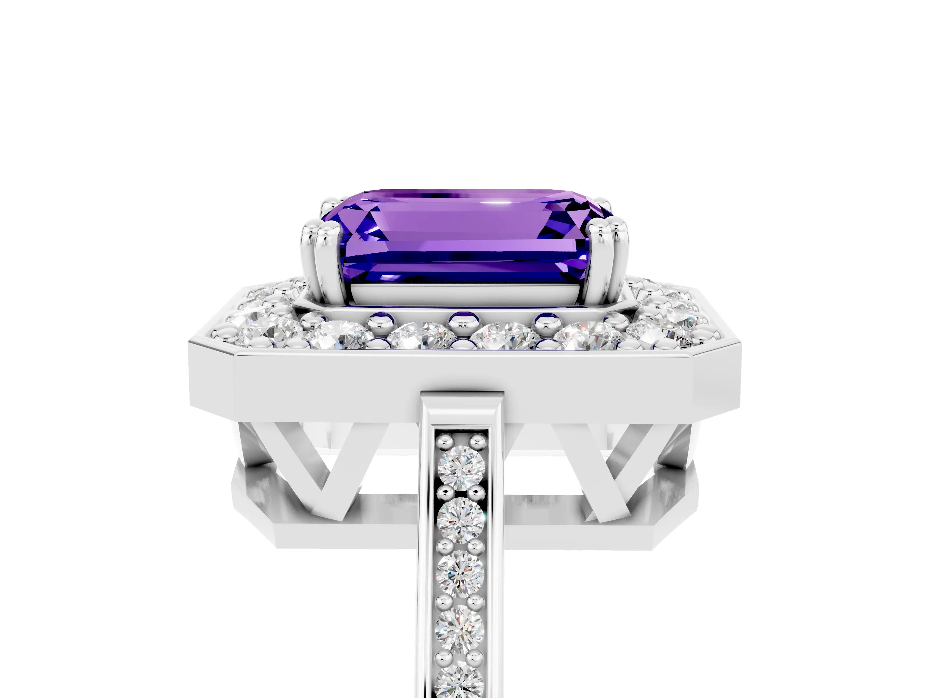 White gold Emerald Cut Tanzanite Halo Ring with Split Shank and Four-Prong Setting_5
