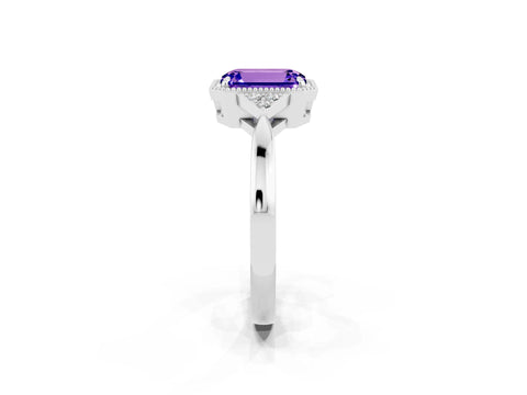 White gold Emerald Cut Tanzanite Halo Ring with Tapered Band and Four-Prong Setting_2