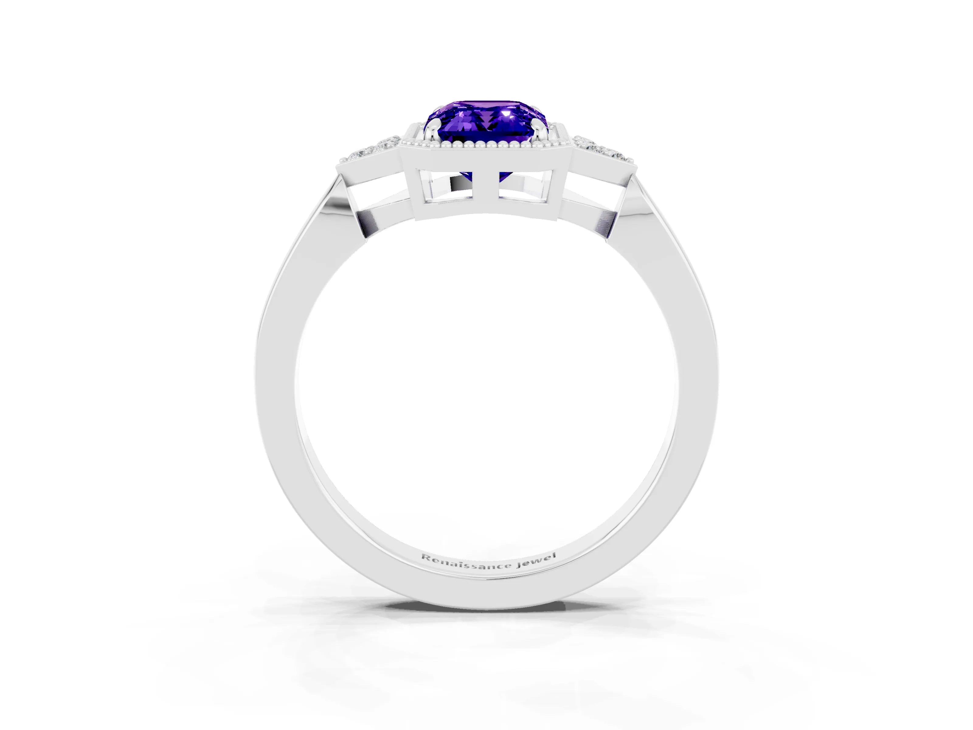 White gold Emerald Cut Tanzanite Halo Ring with Tapered Band and Four-Prong Setting_3