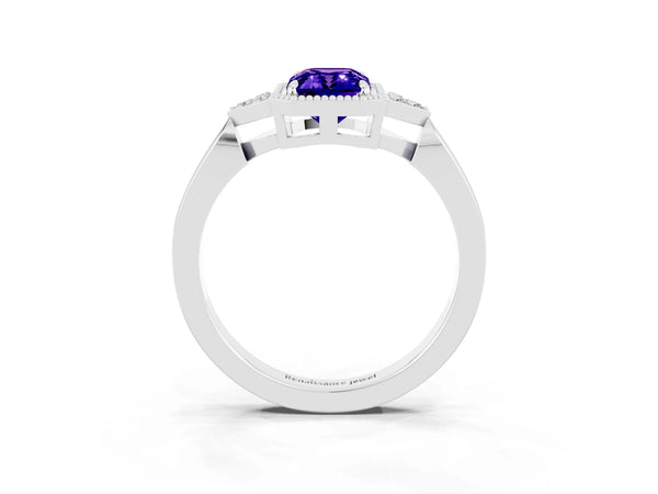 White gold Emerald Cut Tanzanite Halo Ring with Tapered Band and Four-Prong Setting