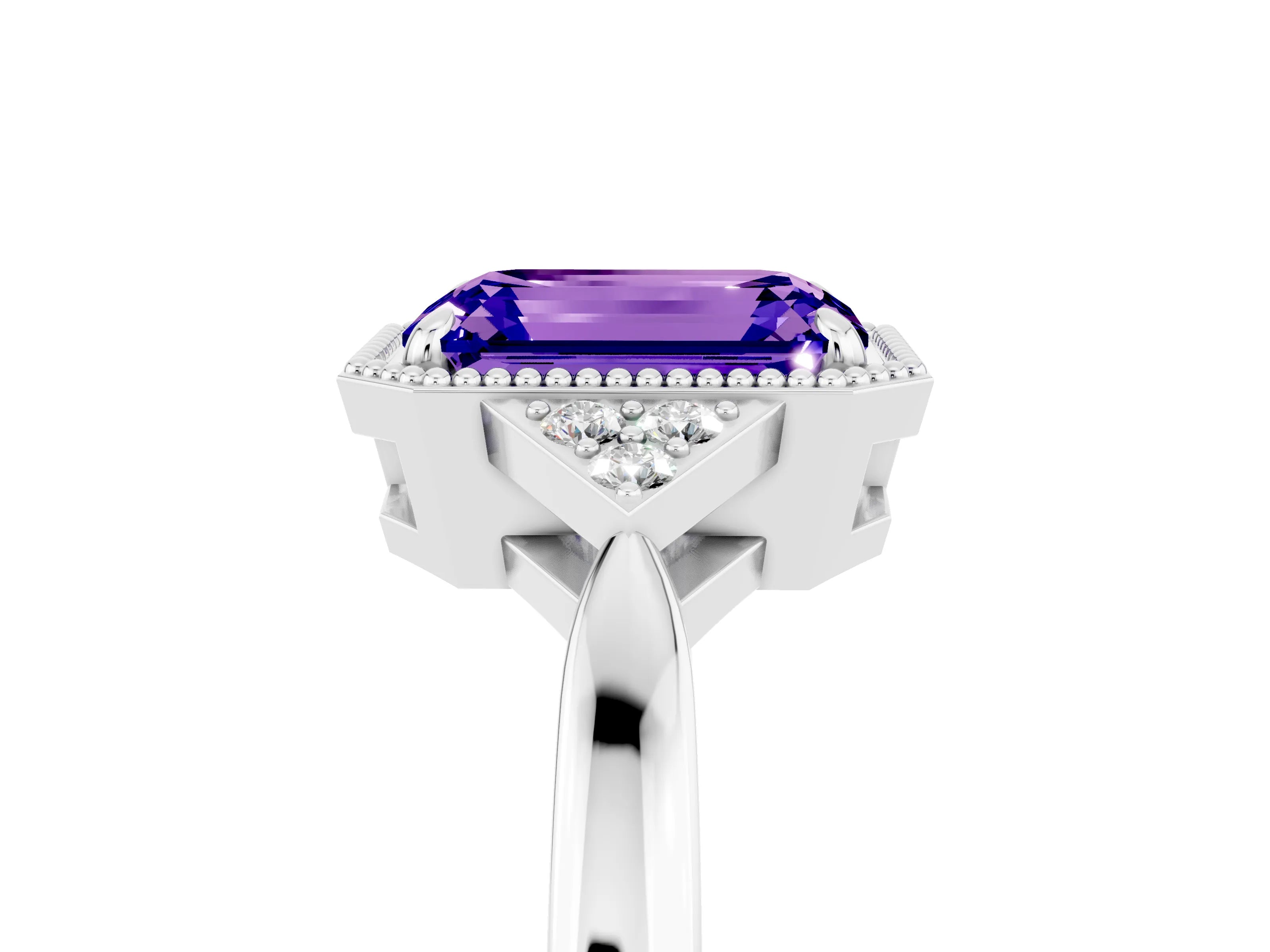 White gold Emerald Cut Tanzanite Halo Ring with Tapered Band and Four-Prong Setting_5