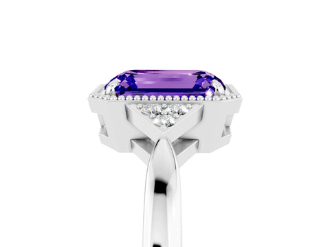 White gold Emerald Cut Tanzanite Halo Ring with Tapered Band and Four-Prong Setting_5