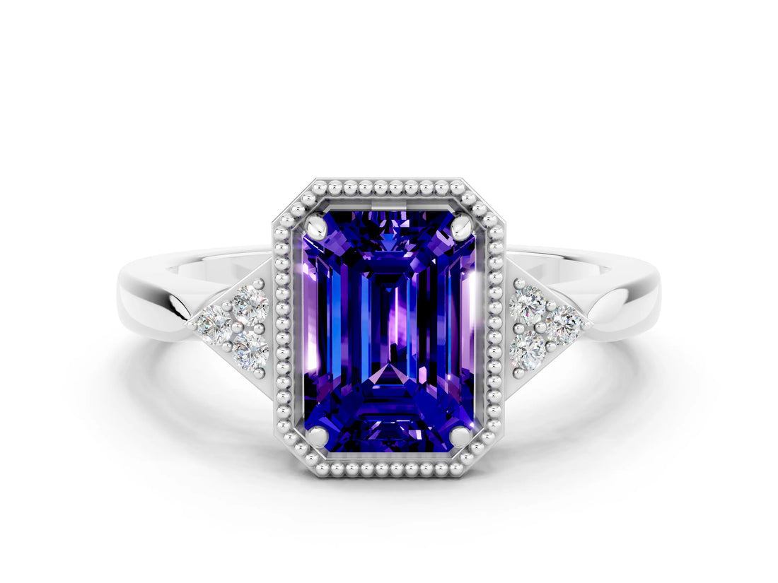 White gold Emerald Cut Tanzanite Halo Ring with Tapered Band and Four-Prong Setting