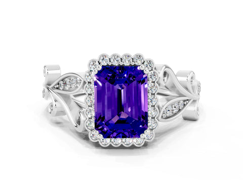 White gold Emerald Cut Tanzanite Halo Ring with Vintage Split Shank and Four-Prong Setting_24