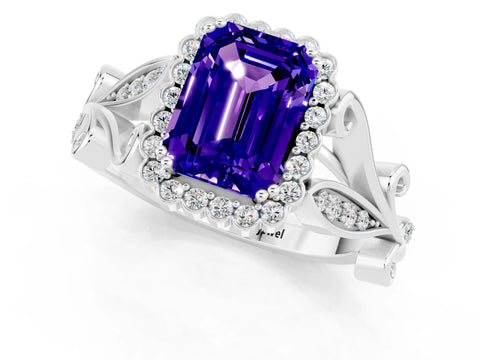 White gold Emerald Cut Tanzanite Halo Ring with Vintage Split Shank and Four-Prong Setting_25