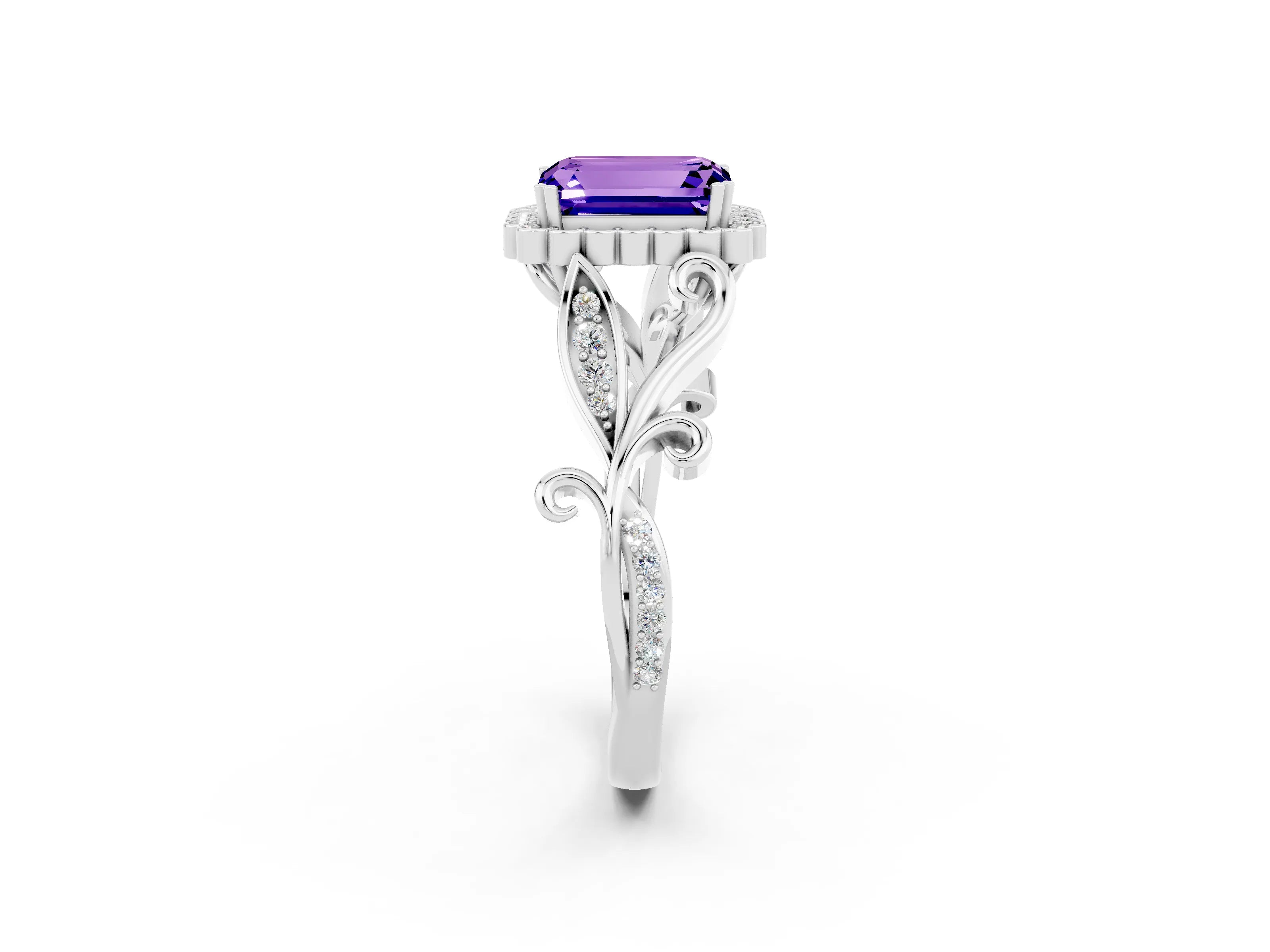 White gold Emerald Cut Tanzanite Halo Ring with Vintage Split Shank and Four-Prong Setting_26