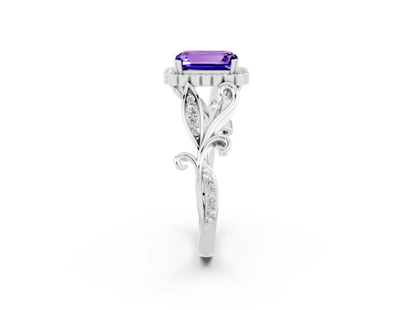 White gold Emerald Cut Tanzanite Halo Ring with Vintage Split Shank and Four-Prong Setting