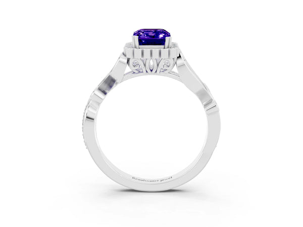 White gold Emerald Cut Tanzanite Halo Ring with Vintage Split Shank and Four-Prong Setting