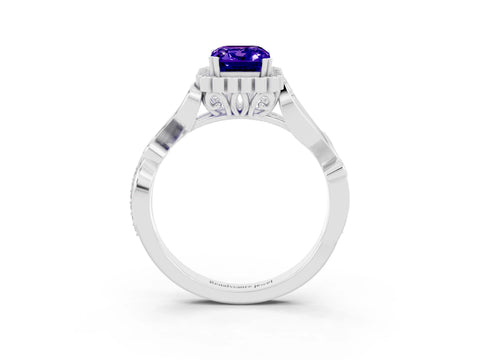 White gold Emerald Cut Tanzanite Halo Ring with Vintage Split Shank and Four-Prong Setting_27