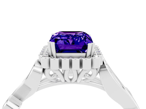 White gold Emerald Cut Tanzanite Halo Ring with Vintage Split Shank and Four-Prong Setting_28
