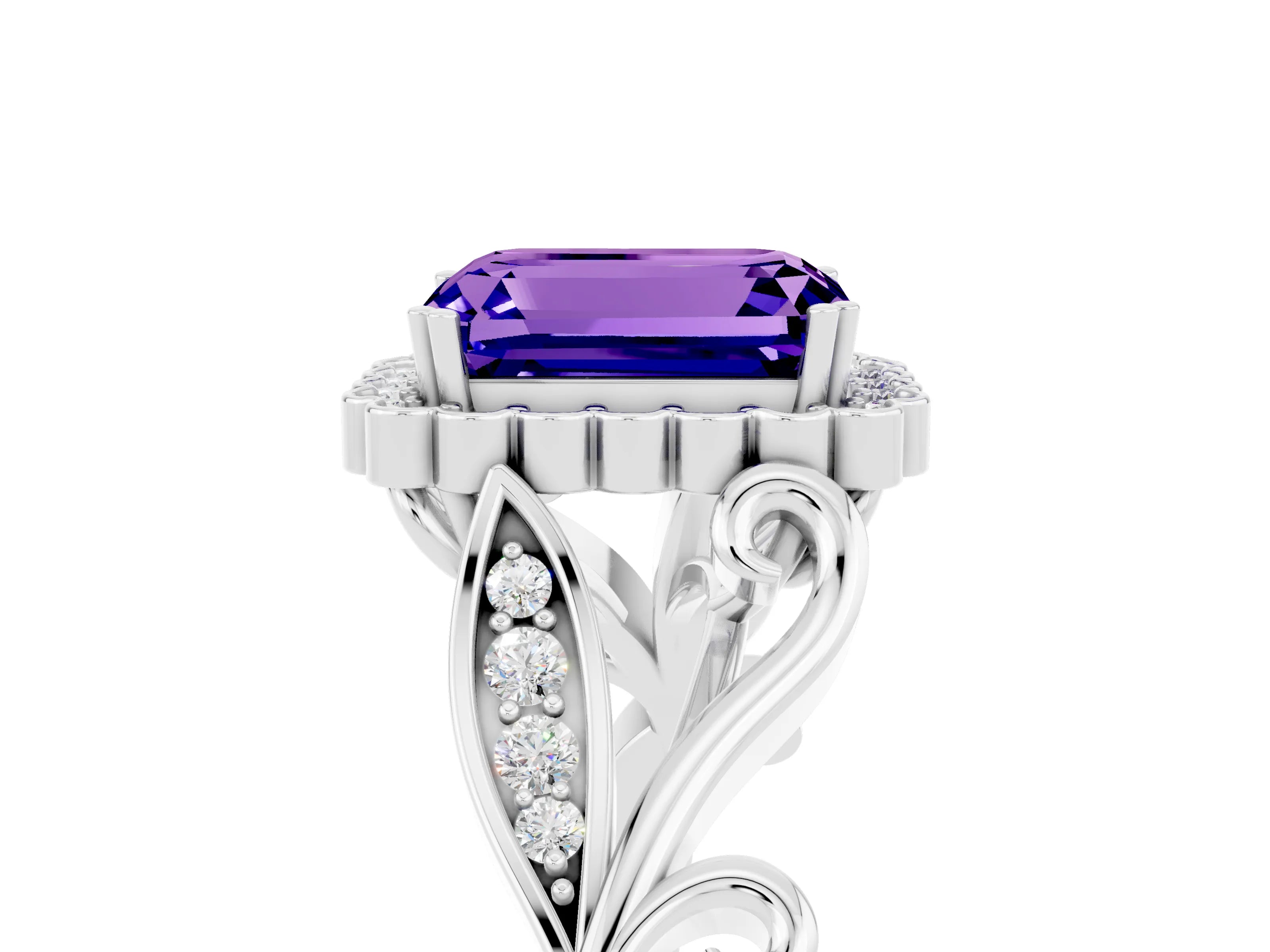 White gold Emerald Cut Tanzanite Halo Ring with Vintage Split Shank and Four-Prong Setting_29