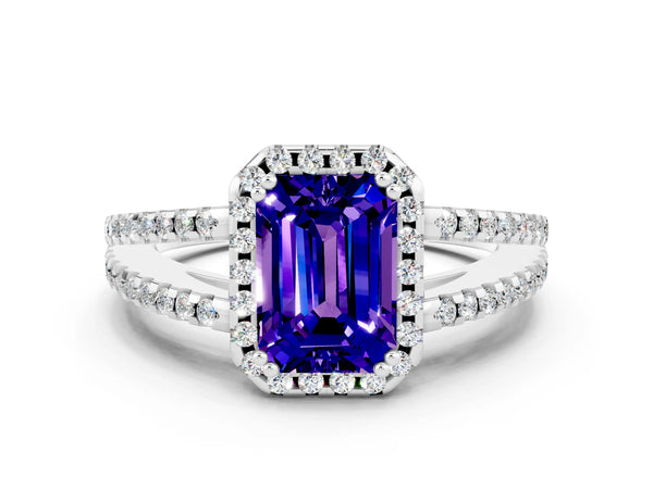 Silver Emerald Cut Tanzanite Halo Split Shank Engagement Ring