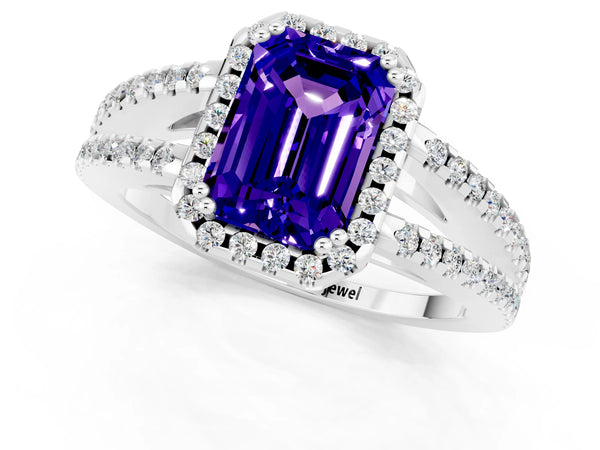 Platinum Emerald Cut Tanzanite Halo Split Shank Engagement Ring