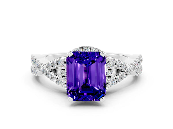 White gold Emerald Cut Tanzanite  Halo Twist Band Solitaire Prong Setting Ring
