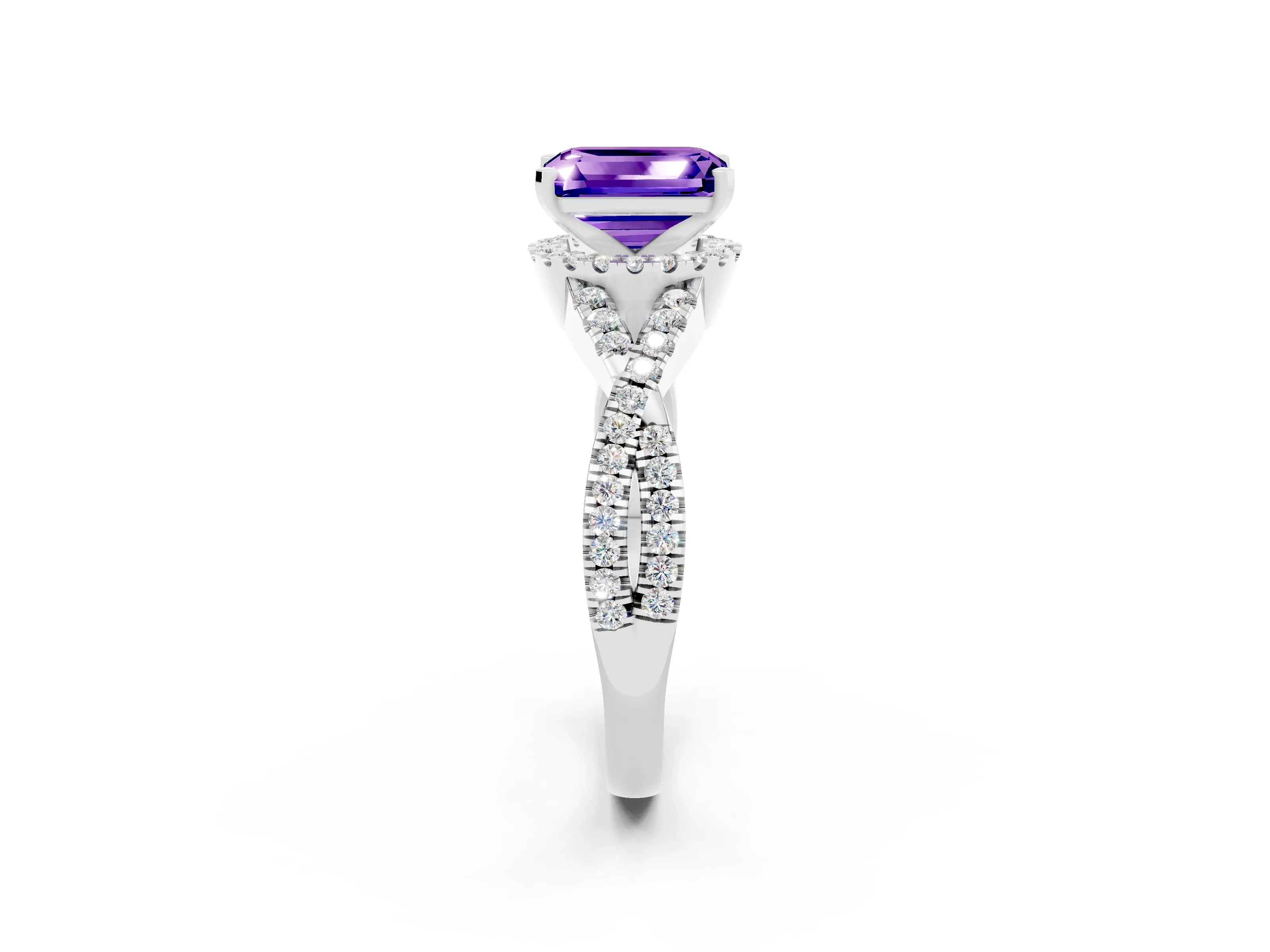 White gold Emerald Cut Tanzanite Halo Twist Band Solitaire Prong Setting Ring_2