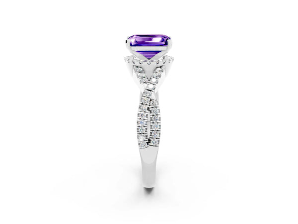 White gold Emerald Cut Tanzanite  Halo Twist Band Solitaire Prong Setting Ring
