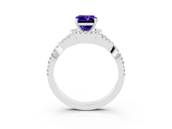 White gold Emerald Cut Tanzanite  Halo Twist Band Solitaire Prong Setting Ring