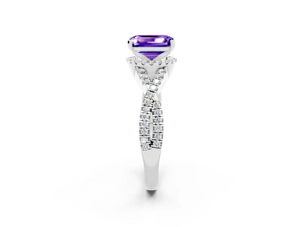 White gold Emerald Cut Tanzanite  Halo Twist Band Solitaire Prong Setting Ring