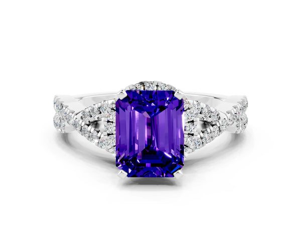 Silver Emerald Cut Tanzanite  Halo Twist Band Solitaire Prong Setting Ring