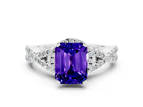 White gold Emerald Cut Tanzanite Halo Twist Band Solitaire Prong Setting Ring