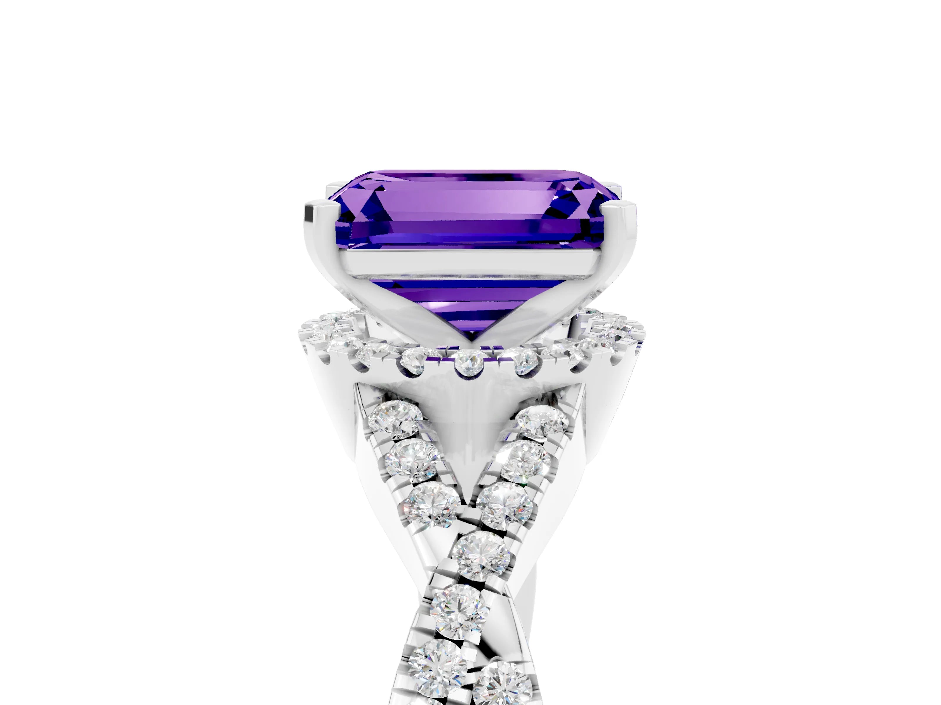 White gold Emerald Cut Tanzanite Halo Twist Band Solitaire Prong Setting Ring_5