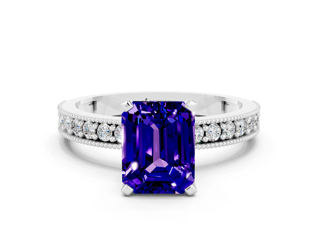 White gold Emerald Cut Tanzanite Milgrain Pavé Engagement Ring with Four-Prong Setting_12