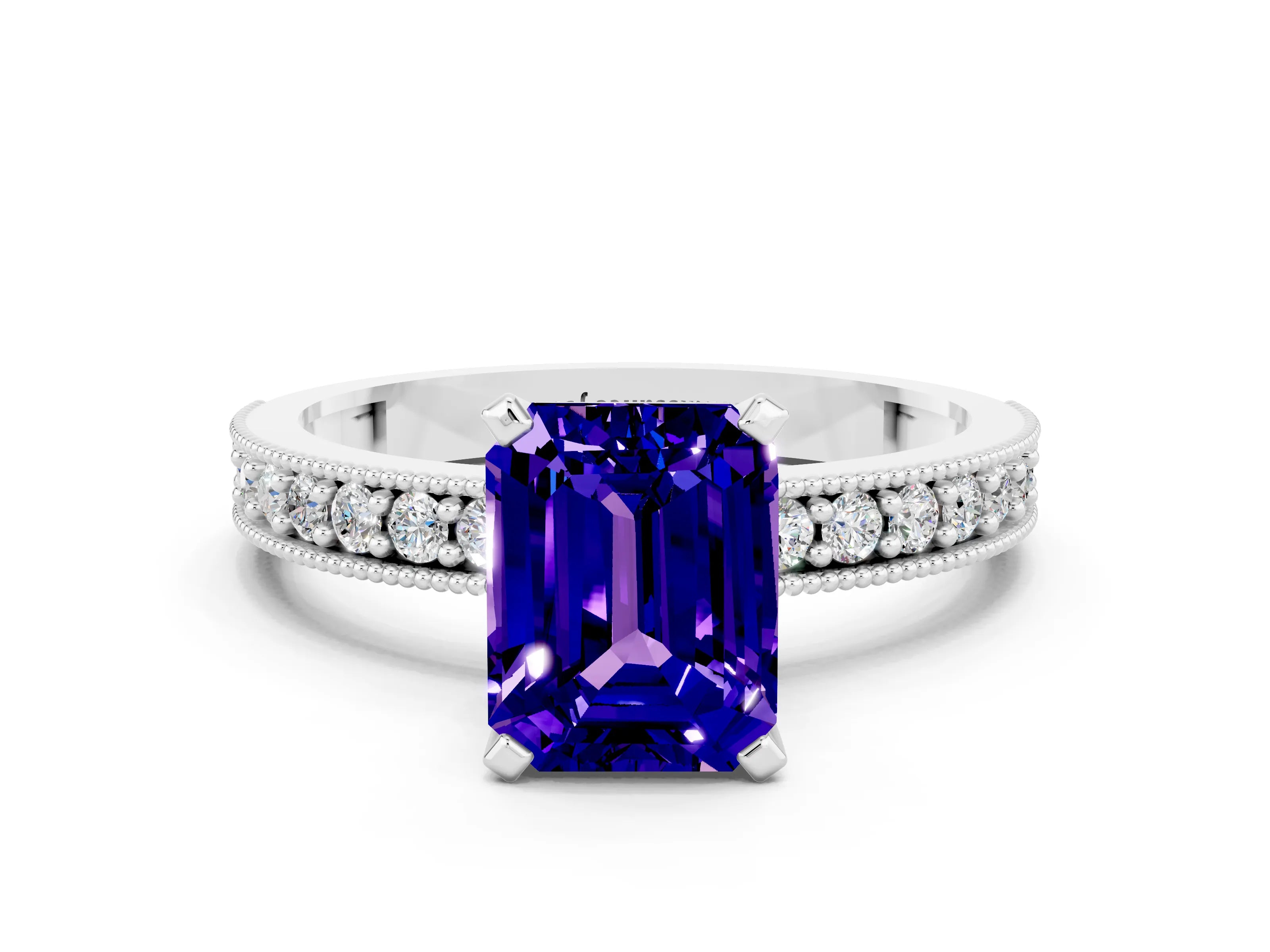 White gold Emerald Cut Tanzanite Milgrain Pavé Engagement Ring with Four-Prong Setting_12