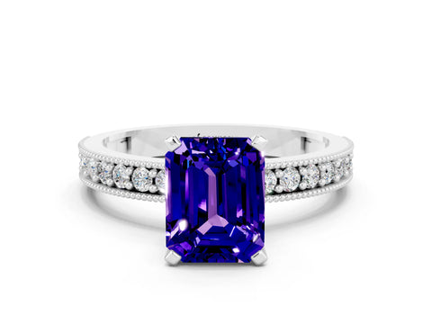 White gold Emerald Cut Tanzanite Milgrain Pavé Engagement Ring with Four-Prong Setting_12