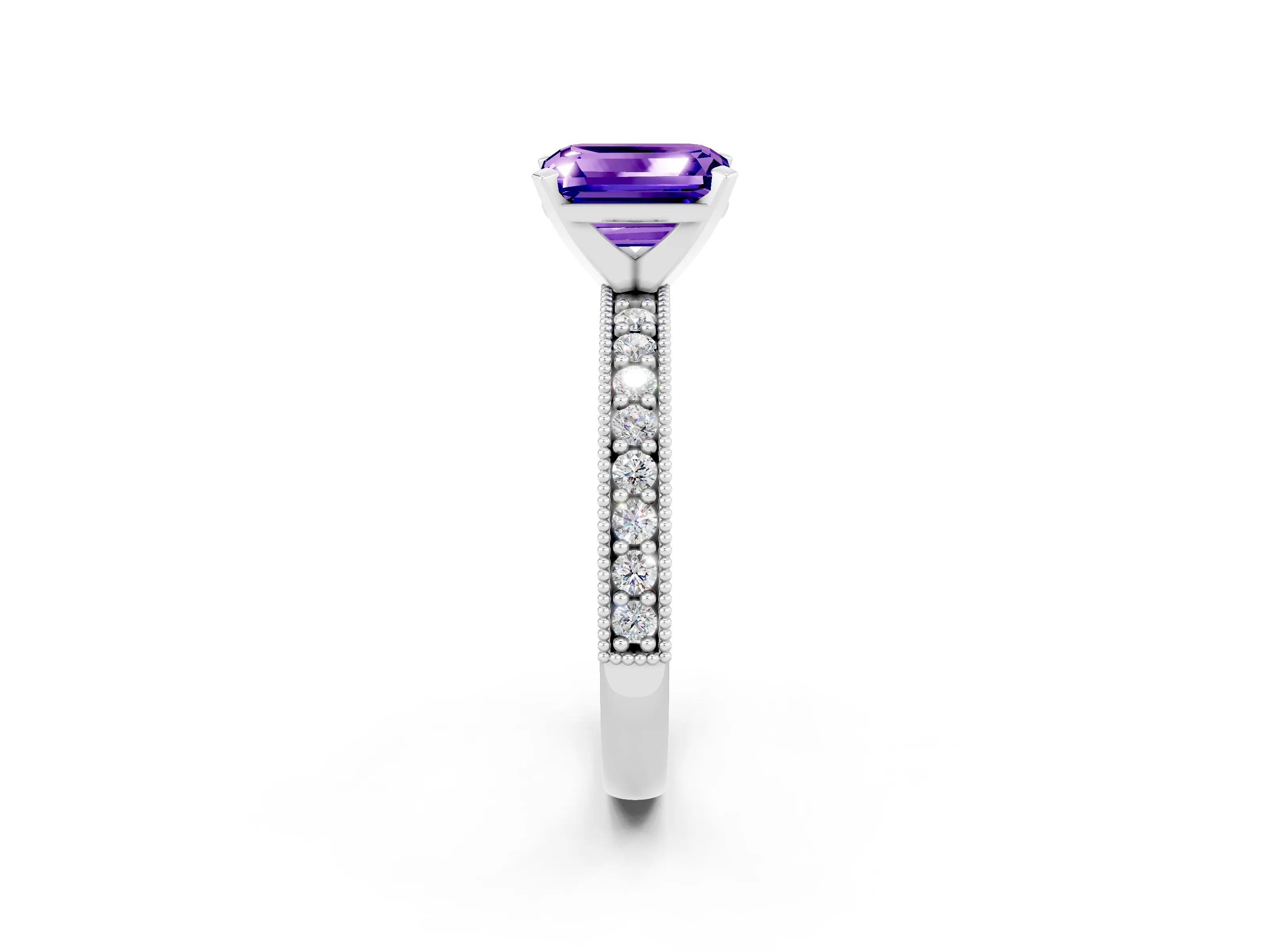 White gold Emerald Cut Tanzanite Milgrain Pavé Engagement Ring with Four-Prong Setting_14