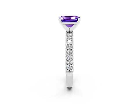 White gold Emerald Cut Tanzanite Milgrain Pavé Engagement Ring with Four-Prong Setting_14